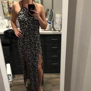 Black floral - high neck - double front slit - maxi dress
